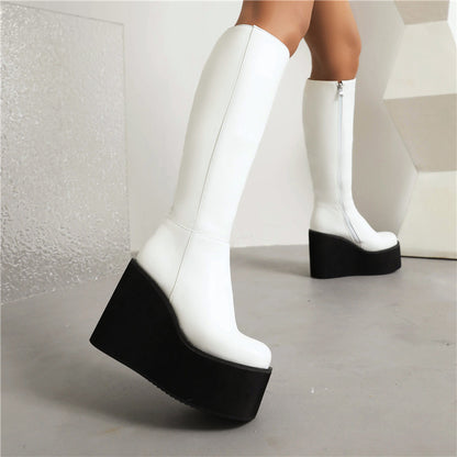 Pu Leather Round Toe Side Zippers Wedge Heel Platform Knee High Boots for Women