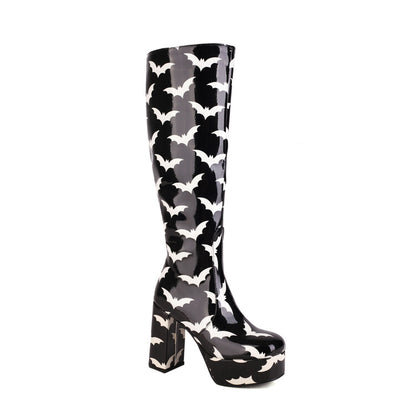 Glossy Round Toe Block Chunky Heel Platform Knee High Boots for Women