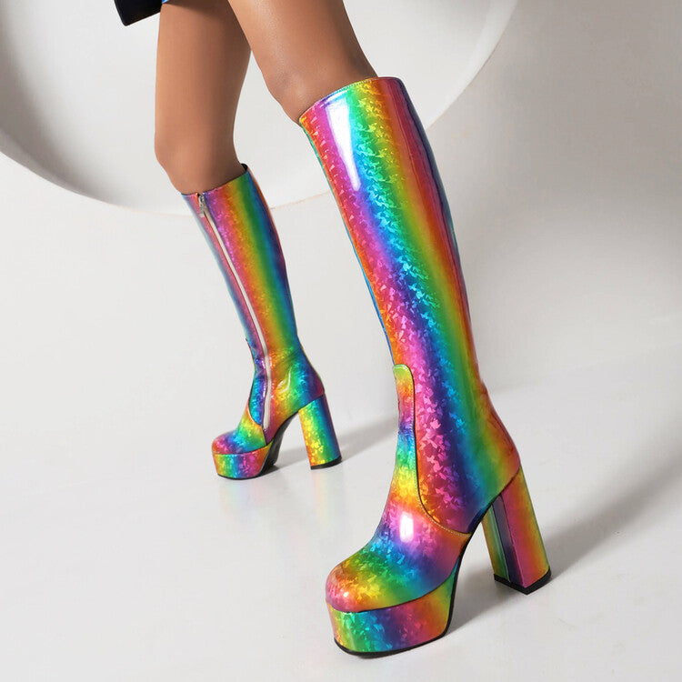 Glossy Round Toe Block Chunky Heel Platform Knee High Boots for Women