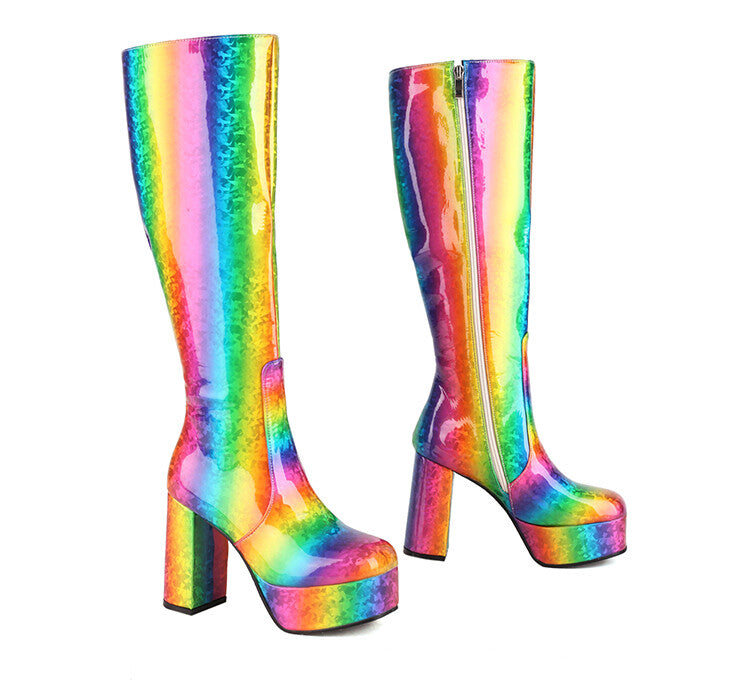 Glossy Round Toe Block Chunky Heel Platform Knee High Boots for Women