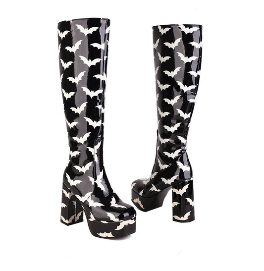 Glossy Round Toe Block Chunky Heel Platform Knee High Boots for Women