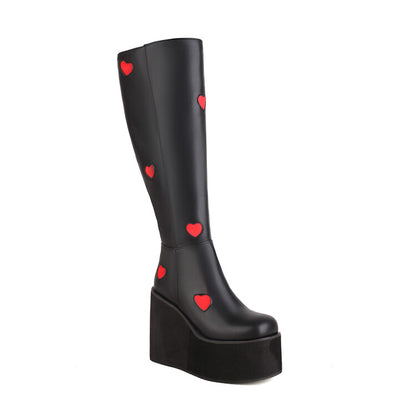 Bicolor Pu Leather Square Toe Love Hearts Side Zippers Wedge Heel Platform Knee High Boots for Women