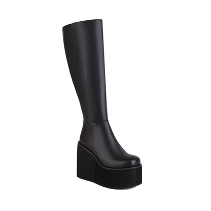 Pu Leather Round Toe Side Zippers Wedge Heel Platform Knee High Boots for Women