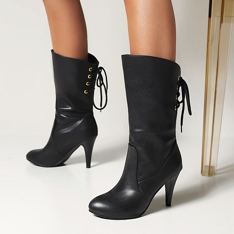 Pu Leather Round Toe Back Lace Up Cone Heel Mid-Calf Boots for Women