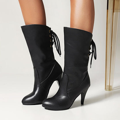 Pu Leather Round Toe Back Lace Up Cone Heel Mid-Calf Boots for Women