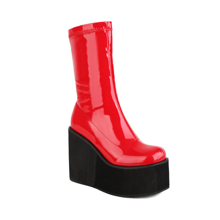 Glossy Round Toe Side Zippers Lace Up Wedge Heel Platform Mid-Calf Boots for Women