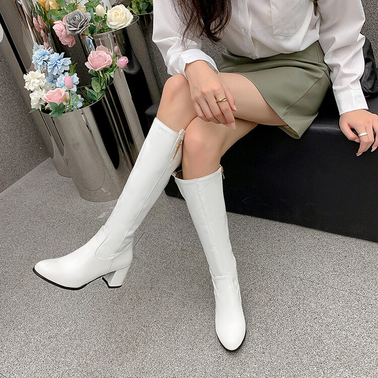 Rhinestone Side Zippers Block Chunky Heel Knee High Boots for Women