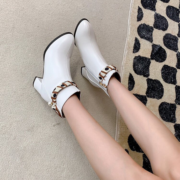 Pu Leather Pointed Toe Pearls Side Zippers Block Chunky Heel Short Boots for Women