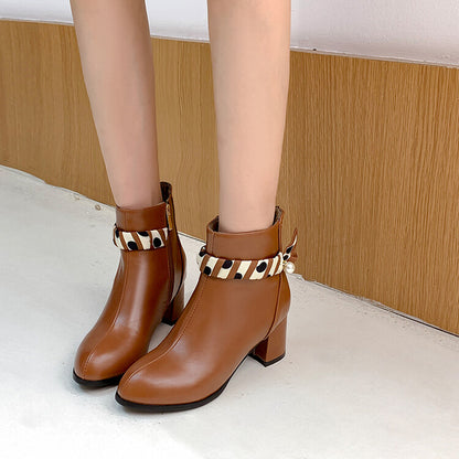 Pu Leather Pointed Toe Pearls Side Zippers Block Chunky Heel Short Boots for Women