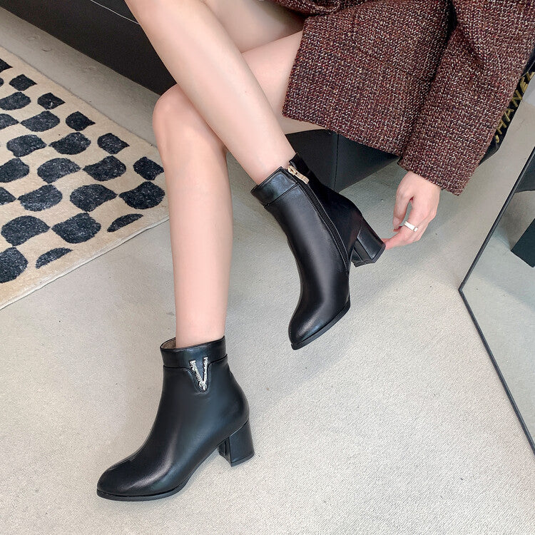 Pu Leather Rhinestone Side Zippers Block Heel Short Boots for Women