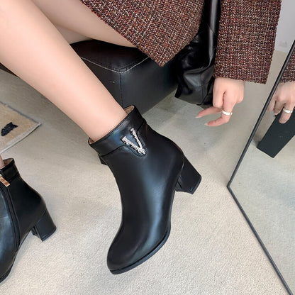 Pu Leather Rhinestone Side Zippers Block Heel Short Boots for Women