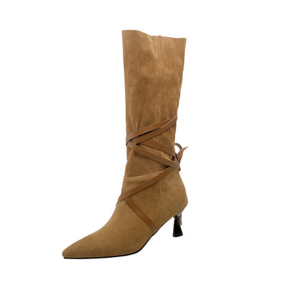 Flock Pointed Toe Entangled Straps Spool Heel Mid-Calf Boots for Women