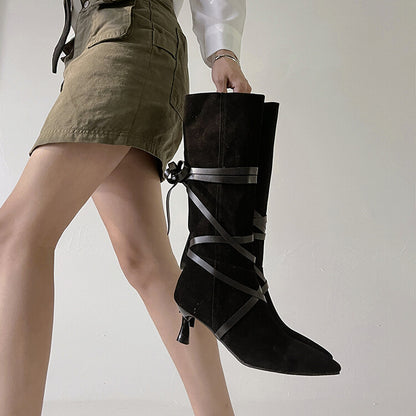 Flock Pointed Toe Entangled Straps Spool Heel Mid-Calf Boots for Women