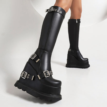 Glossy Round Toe Side Zippers Metal Buckle Straps Wedge Heel Platform Knee High Boots for Women