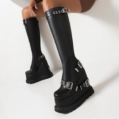 Glossy Round Toe Side Zippers Metal Buckle Straps Wedge Heel Platform Knee High Boots for Women