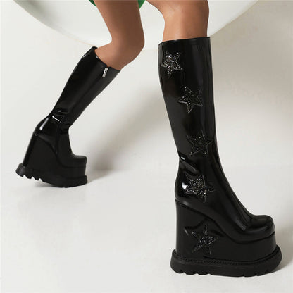 Glossy Sequins Stars Side Zippers Round Toe Wedge Heel Platform Knee High Boots for Women