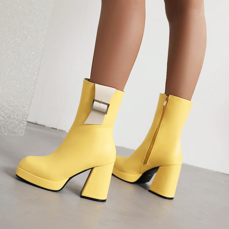 Bicolor Side Zippers Buckle Straps Block Heel Platform Short Boots for Women