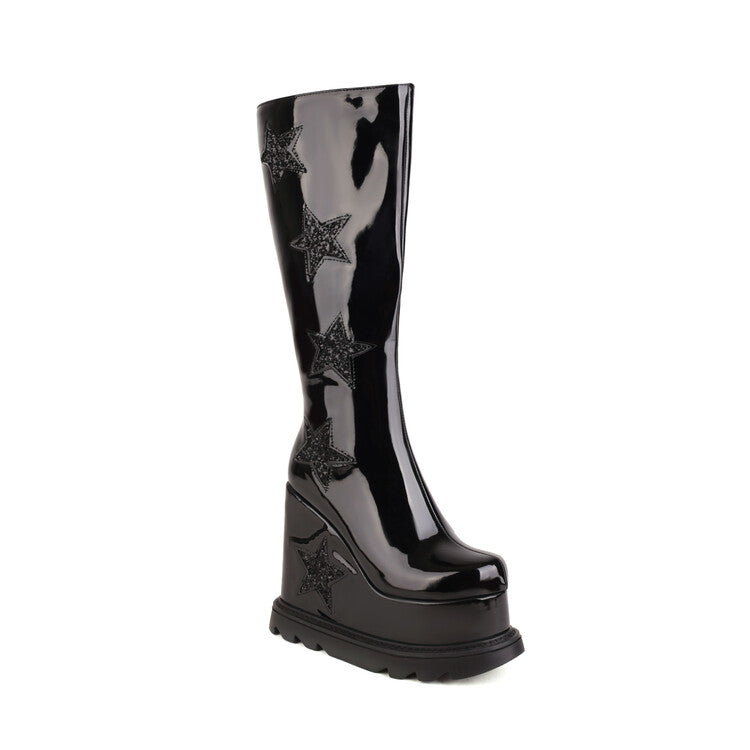 Glossy Sequins Stars Side Zippers Round Toe Wedge Heel Platform Knee High Boots for Women