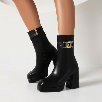 Square Toe Side Zippers Block Chunky Heel Platform Short Boots for Women