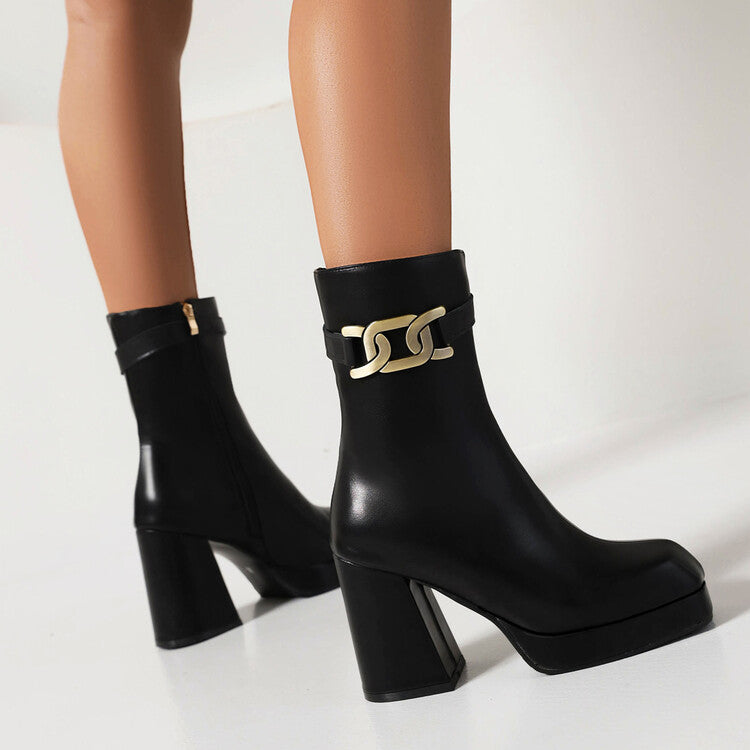 Square Toe Side Zippers Block Chunky Heel Platform Short Boots for Women