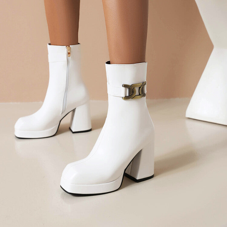 Square Toe Side Zippers Block Chunky Heel Platform Short Boots for Women