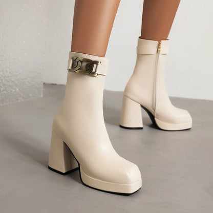 Square Toe Side Zippers Block Chunky Heel Platform Short Boots for Women