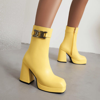 Square Toe Side Zippers Block Chunky Heel Platform Short Boots for Women