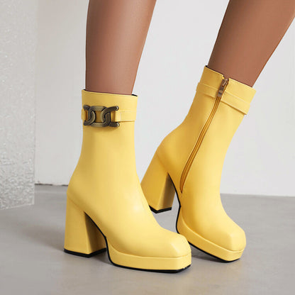 Square Toe Side Zippers Block Chunky Heel Platform Short Boots for Women