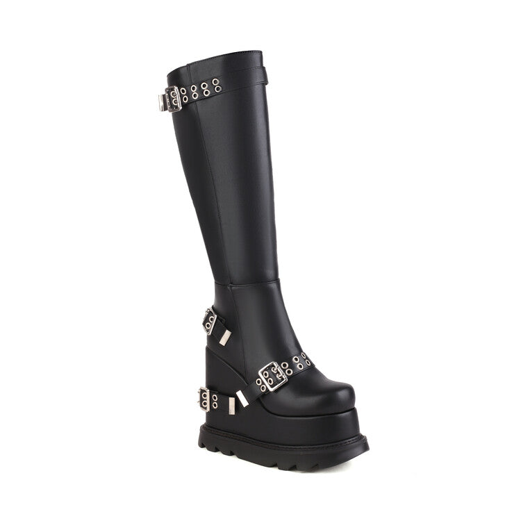 Glossy Round Toe Side Zippers Metal Buckle Straps Wedge Heel Platform Knee High Boots for Women