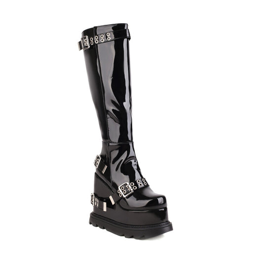 Glossy Round Toe Side Zippers Metal Buckle Straps Wedge Heel Platform Knee High Boots for Women