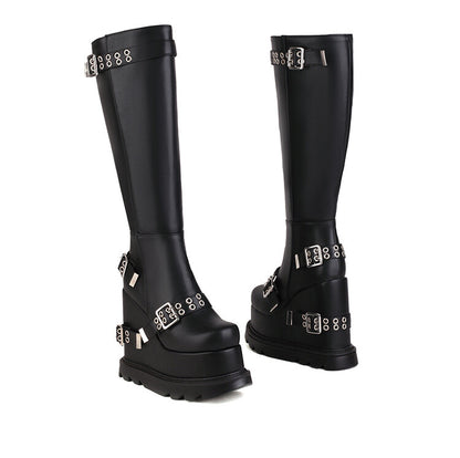 Glossy Round Toe Side Zippers Metal Buckle Straps Wedge Heel Platform Knee High Boots for Women