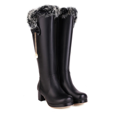 Fur Pearls Block Heel Platform Knee-High Boots for Women