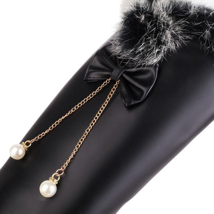 Fur Pearls Block Heel Platform Knee-High Boots for Women