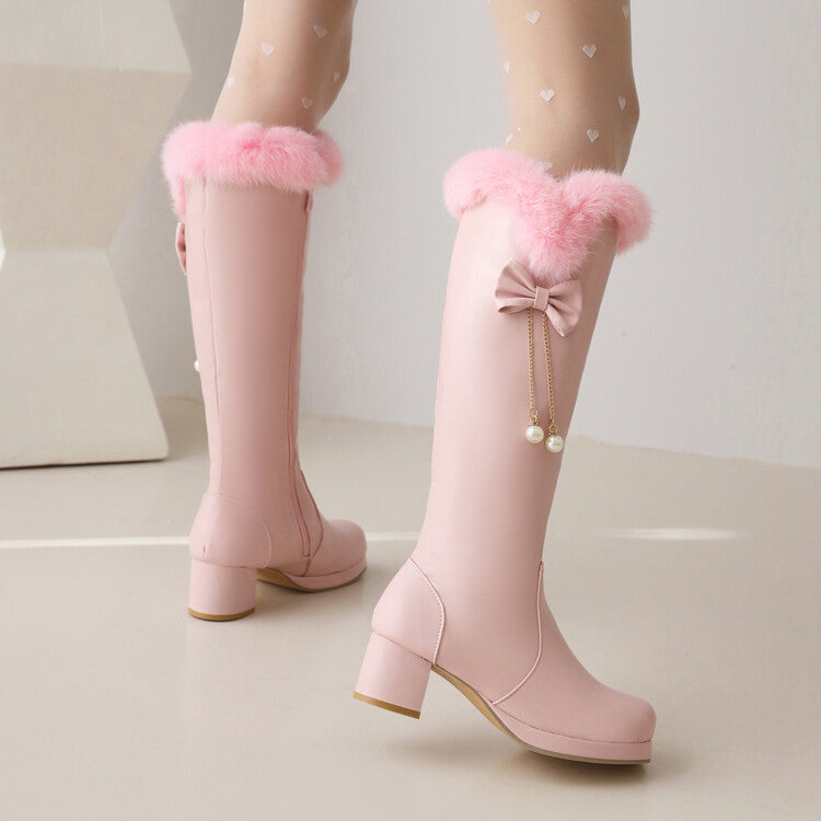 Fur Pearls Block Heel Platform Knee-High Boots for Women