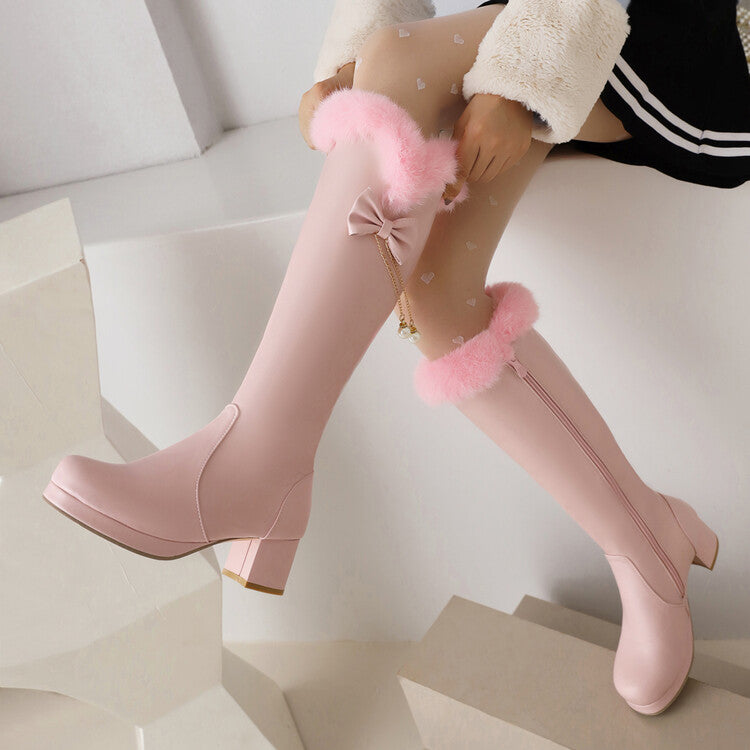 Fur Pearls Block Heel Platform Knee-High Boots for Women