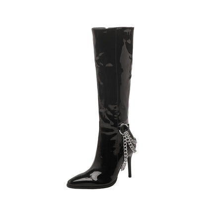 Glossy Pointed Toe Metal Chains Stiletto Heel Knee-High Boots for Women