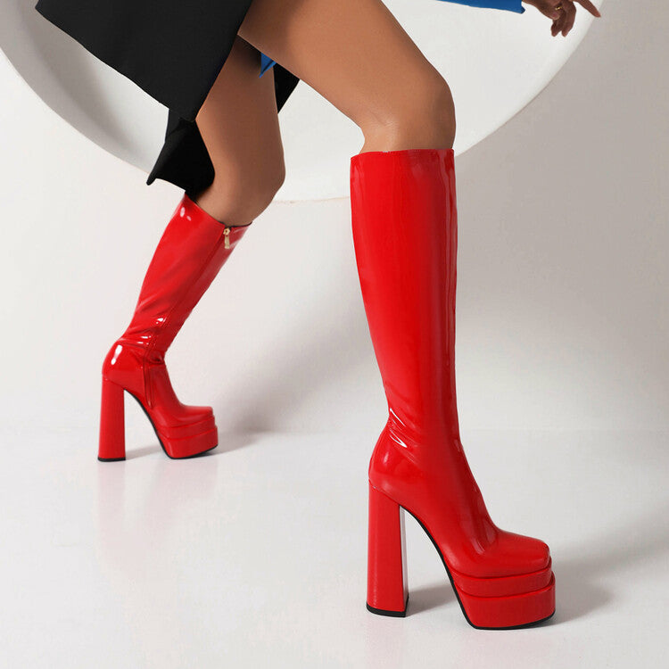 Pu Leather Square Toe Side Zippers Block Chunky Heel Platform Knee High Boots for Women