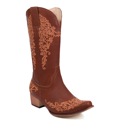 Ethnic Pu Leather Pointed Toe Patchwork Embroidery Low Heels Cowboy Mid-calf Boots for Women