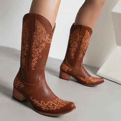 Ethnic Pu Leather Pointed Toe Patchwork Embroidery Low Heels Cowboy Mid-calf Boots for Women