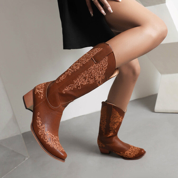 Ethnic Pu Leather Pointed Toe Patchwork Embroidery Low Heels Cowboy Mid-calf Boots for Women