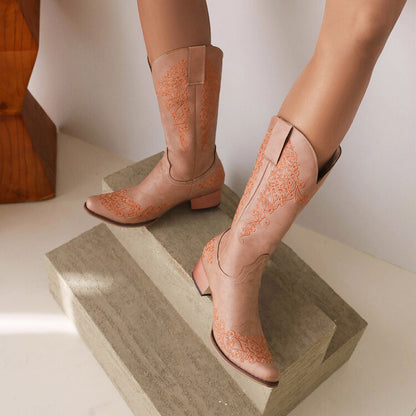 Ethnic Pu Leather Pointed Toe Patchwork Embroidery Low Heels Cowboy Mid-calf Boots for Women