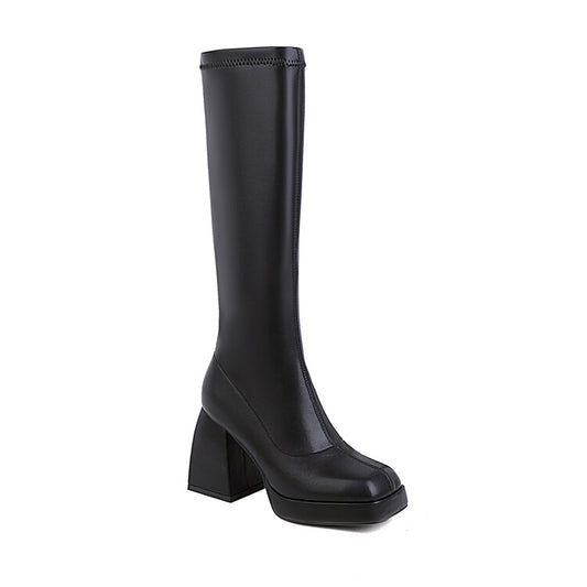 Pu Leather Square Toe Block Chunky Heel Platform Knee High Boots for Women