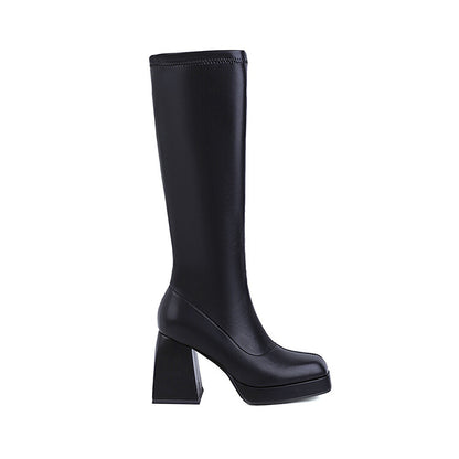 Pu Leather Square Toe Block Chunky Heel Platform Knee High Boots for Women