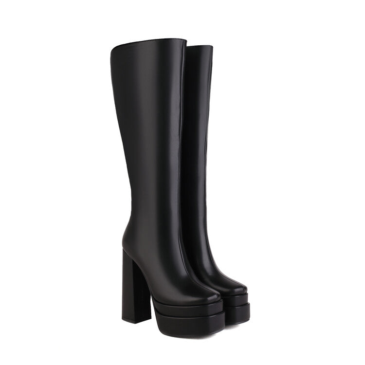 Frosted Pu Leather Square Toe Block Chunky Heel Side Zippers Platform Knee High Boots for Women