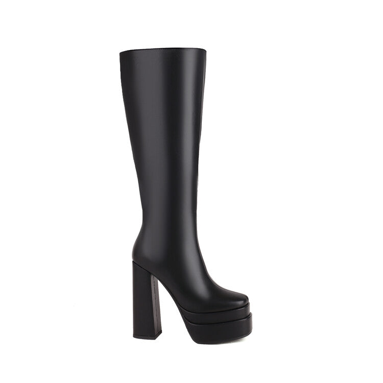 Frosted Pu Leather Square Toe Block Chunky Heel Side Zippers Platform Knee High Boots for Women