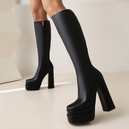 Frosted Pu Leather Square Toe Block Chunky Heel Side Zippers Platform Knee High Boots for Women