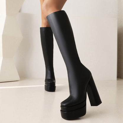 Frosted Pu Leather Square Toe Block Chunky Heel Side Zippers Platform Knee High Boots for Women