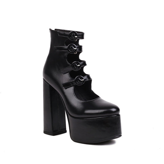 Booties Glossy Round Toe Cutout Buckle Straps Block Chunky Heel Platform Back Zippers Short Boots for Women