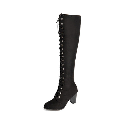 Flock Lace Up Block Heel Knee High Boots for Women