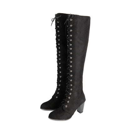 Flock Lace Up Block Heel Knee High Boots for Women